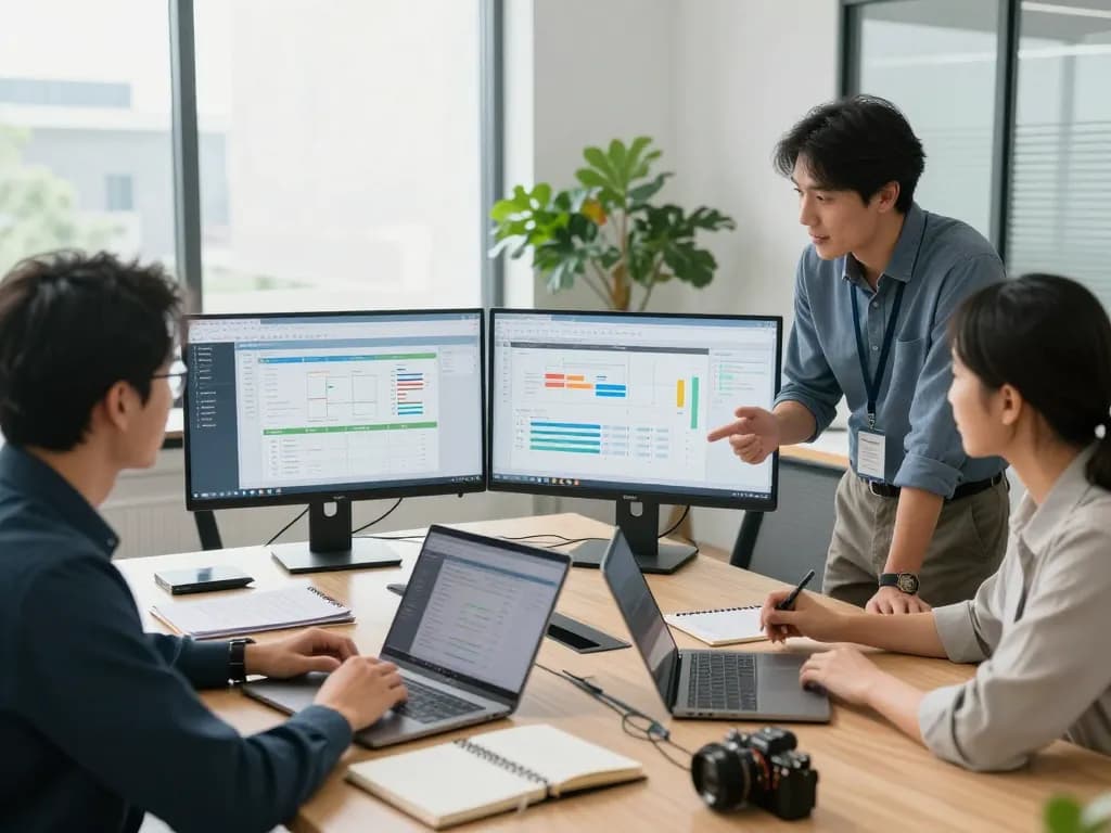 Automation spacialist analyzing workflows in a vibrant office environment.