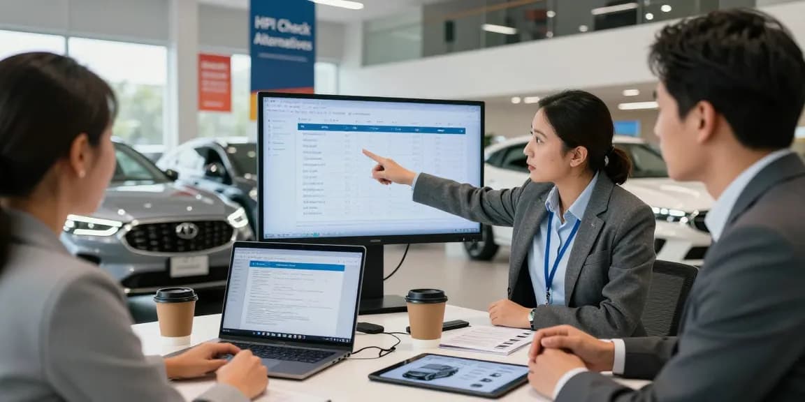 Consultant explaining HPI check alternatives to car buyers, showcasing vehicle history reports in a dealership.