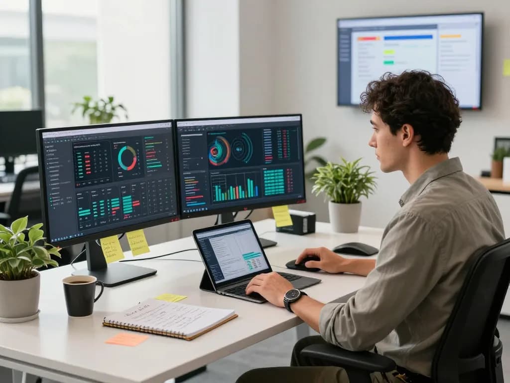 Data analyst utilizing WPS software on dual monitors in a modern office