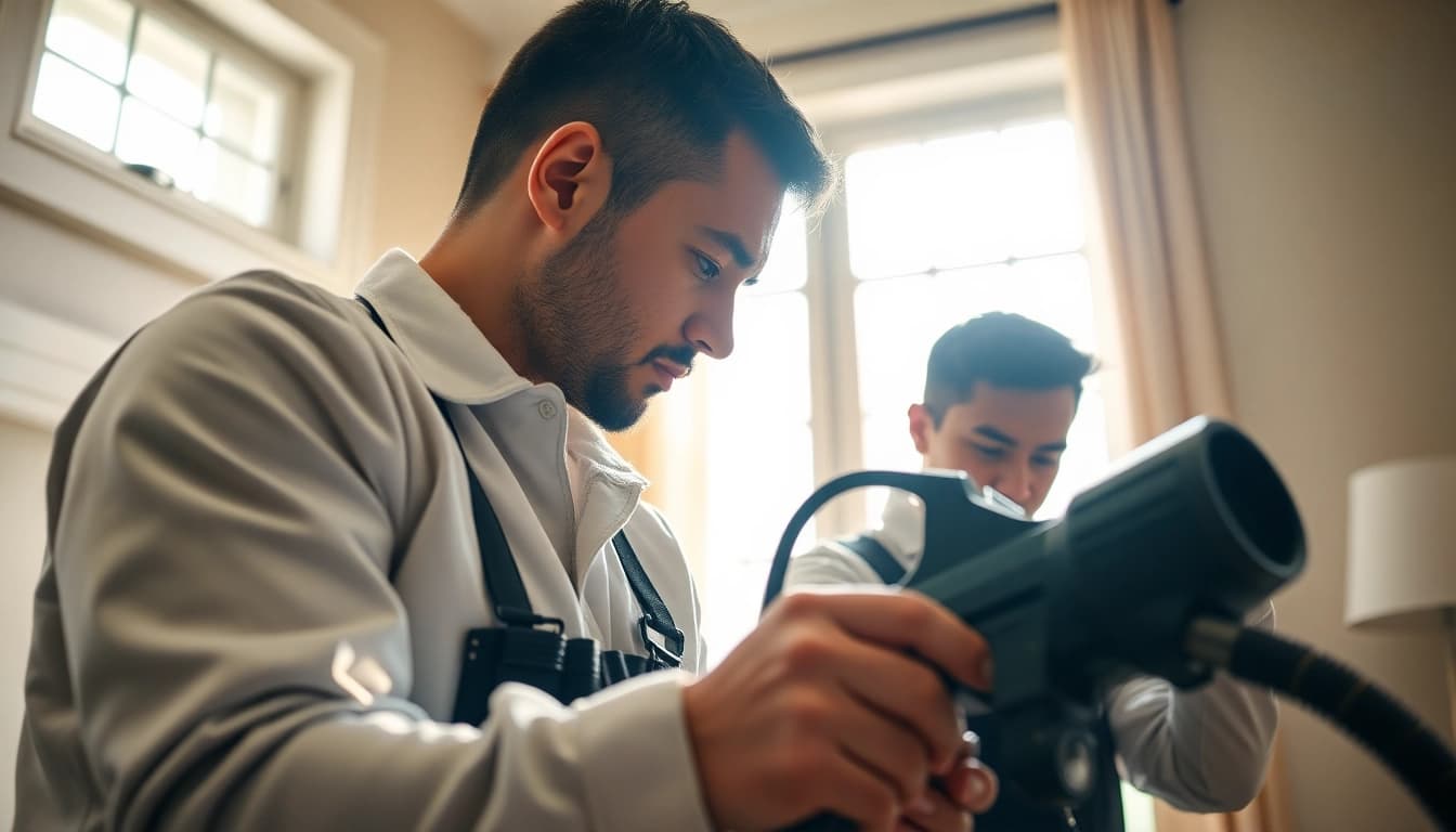 Technician working with spray foam removal companies equipment in a bright home environment.