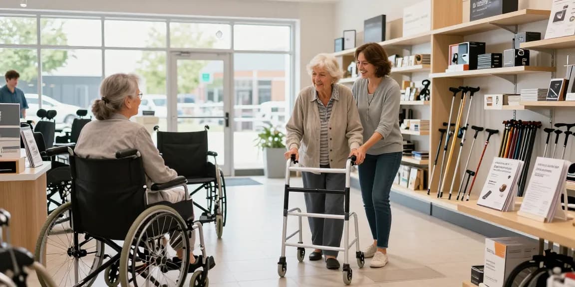 Buy nobility aids in a welcoming retail environment with an associate assisting an elderly woman.