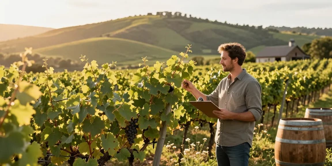 Winemaker inspecting grapevines at Chattoowines vineyard in golden afternoon light.