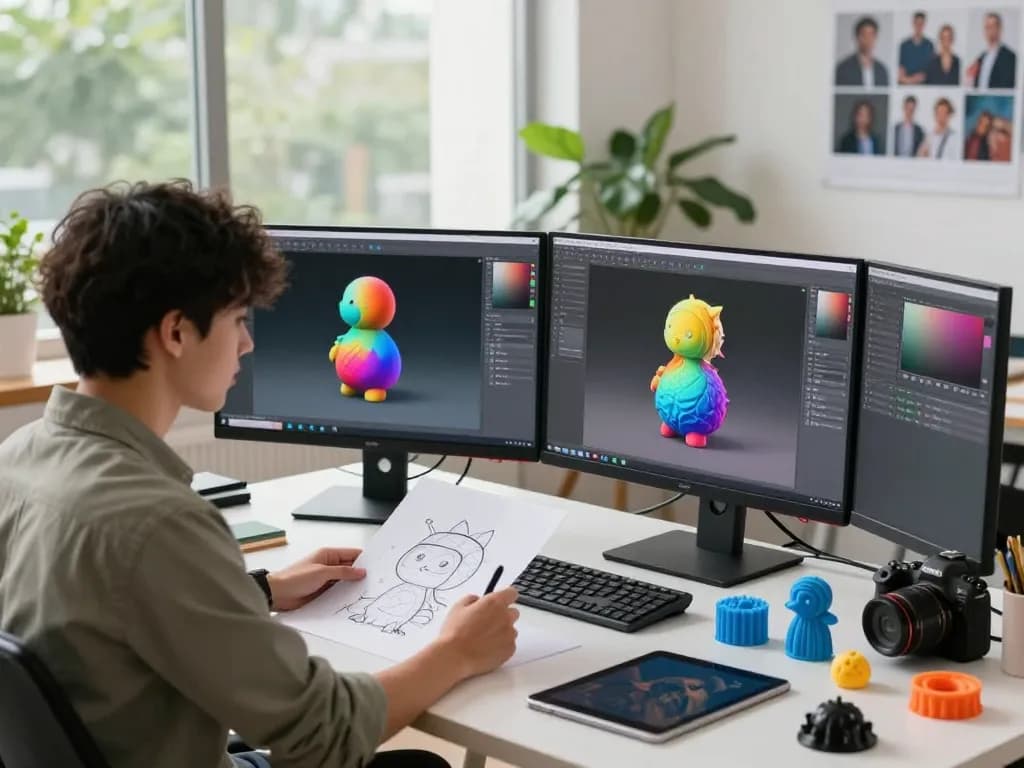 Image to 3D model workspace with artist creating vibrant designs, showcasing innovative technology in a bright studio.