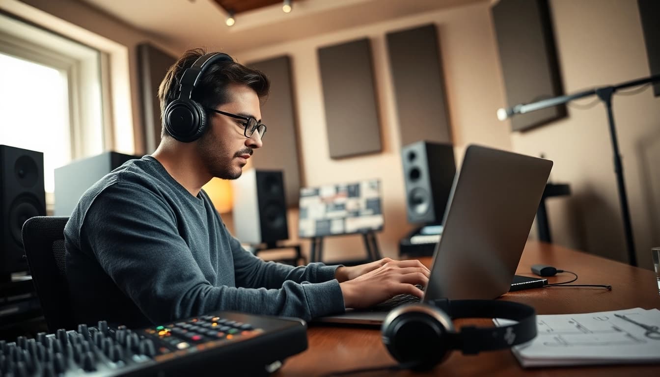 Enhance your music with online mastering in a modern studio setting featuring an audio engineer.
