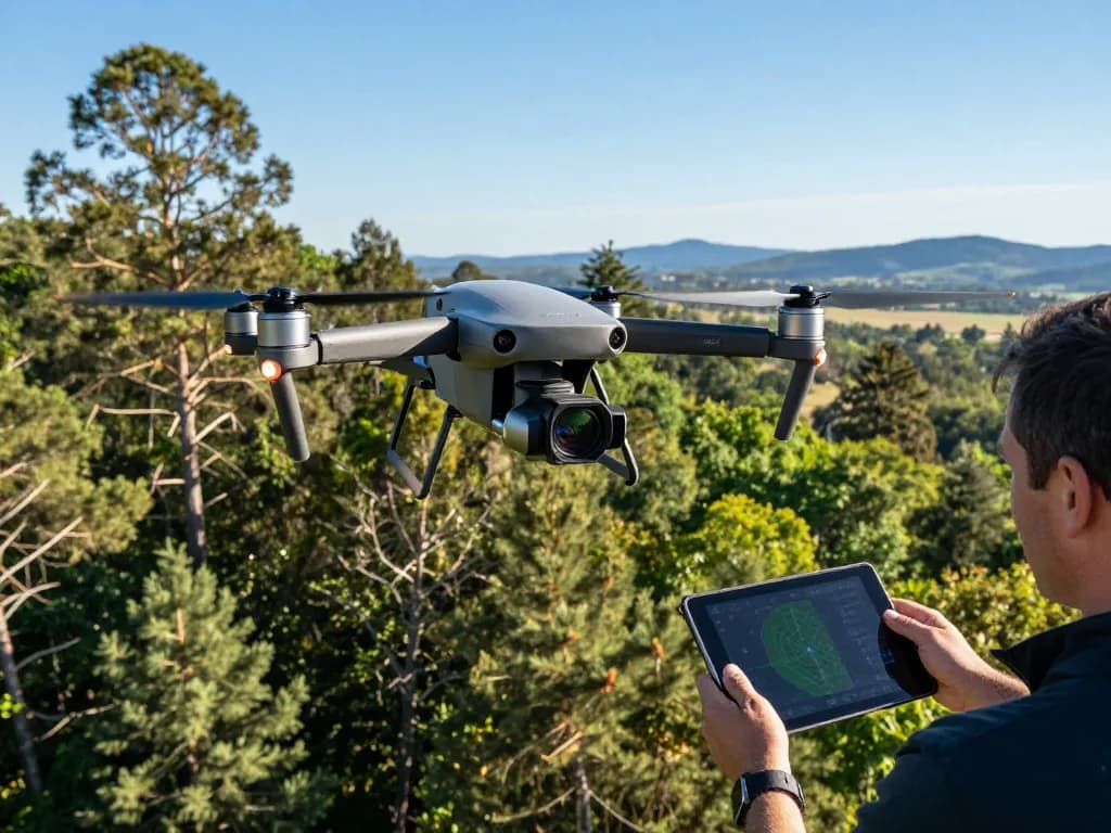 Drone conducting aerial mapping with DJI L3 in a vibrant forest.