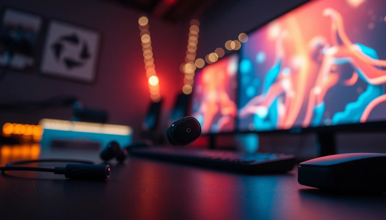 Experience immersive sound with the PRO60 Gaming Earbuds featured in a gaming setup.