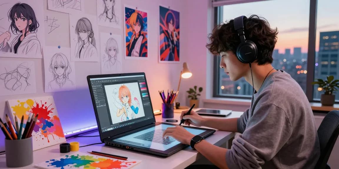 Creating ai ecchi art in a vibrant digital studio with sketches and tools.