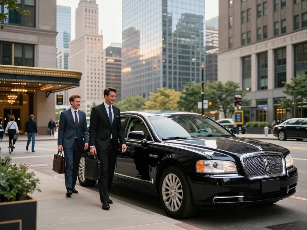 Aurora IL limo service featuring a black Lincoln Continental chauffeur service outside a Chicago hotel, showcasing luxury and professionalism.