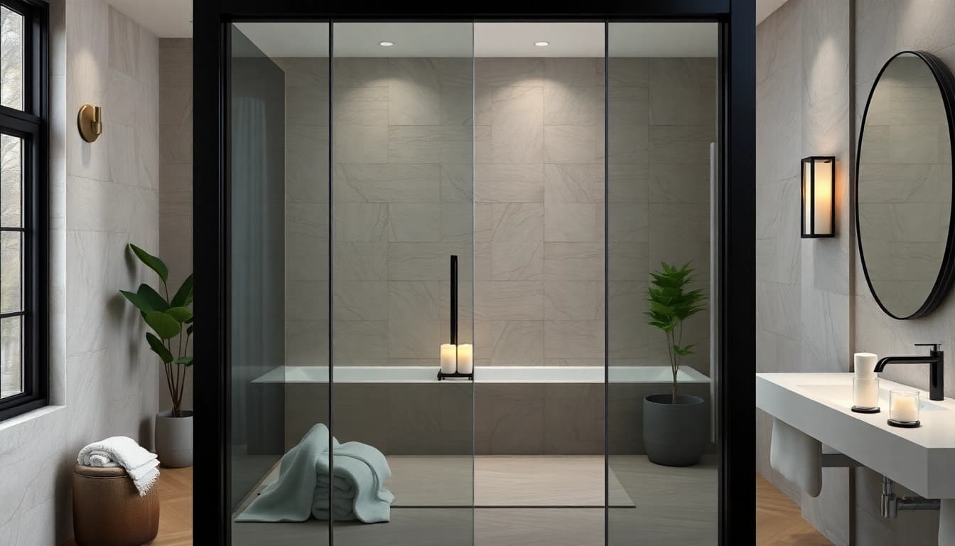 Elegant black shower door featured in a modern bathroom setup, showcasing sophistication.