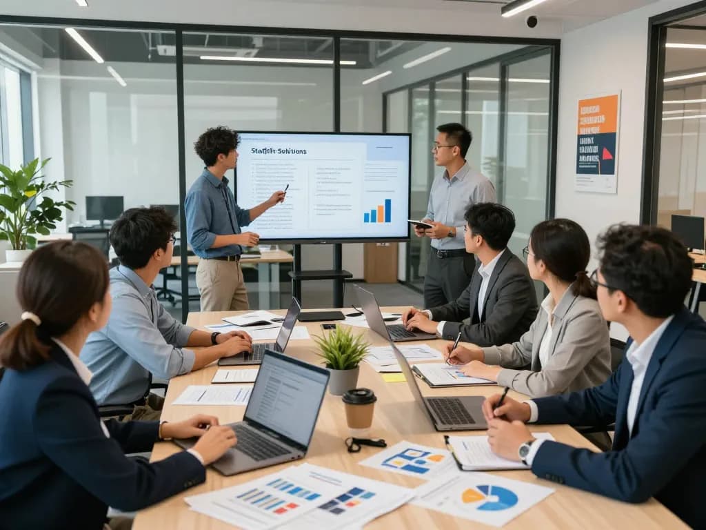 Diverse team in meeting discussing temporary staffing agencies solutions in a modern office.