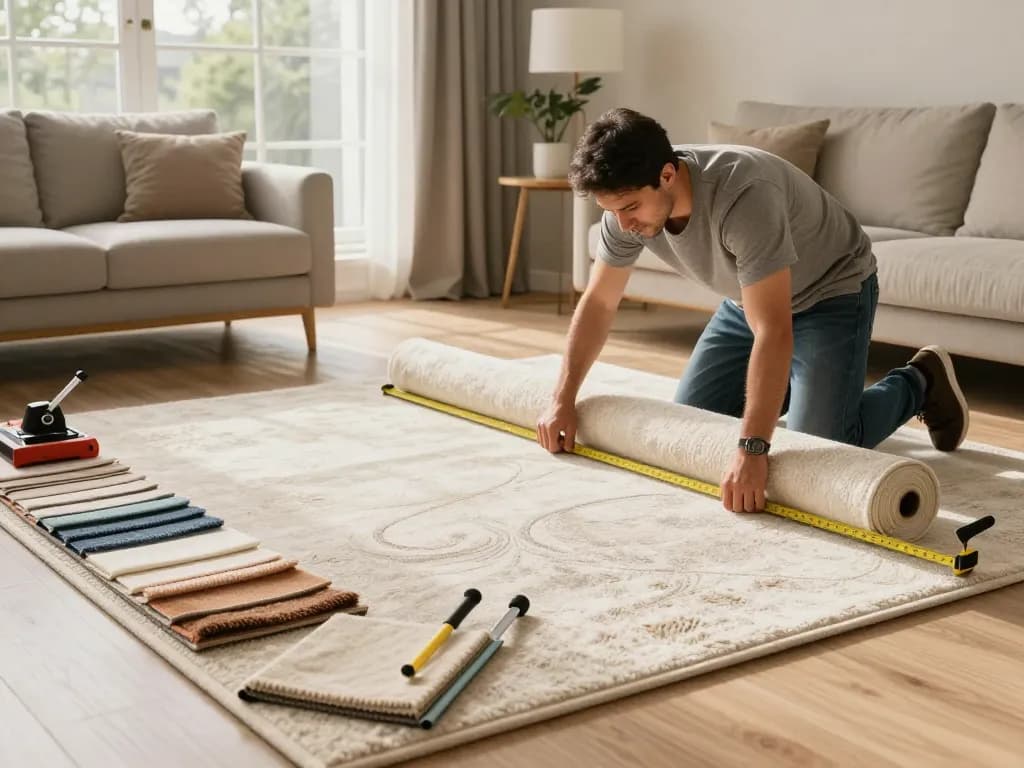 Skilled carpet fitters near me installing high-quality carpet in a cozy living room.