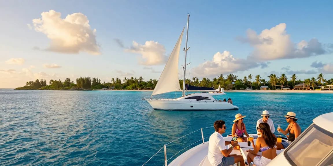 Punta Cana yacht rental on a luxurious yacht in crystal-clear Caribbean waters, friends enjoying drinks on deck against a scenic tropical backdrop.