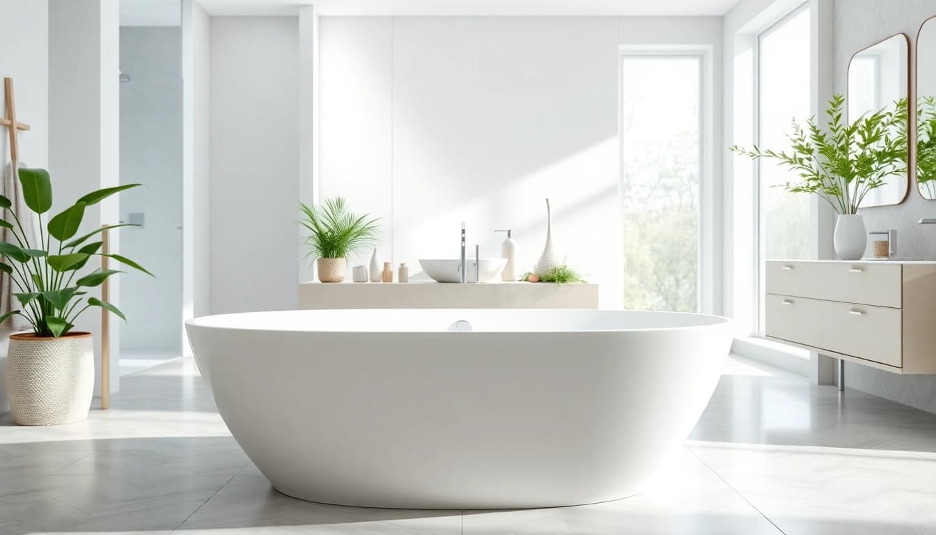 Reveal an exquisite bath reconstruction showcasing a sleek, modern bathtub in a beautifully lit space.