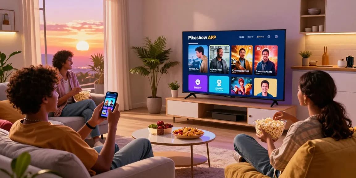Group enjoying movie night using Pikashow APK in cozy living room.
