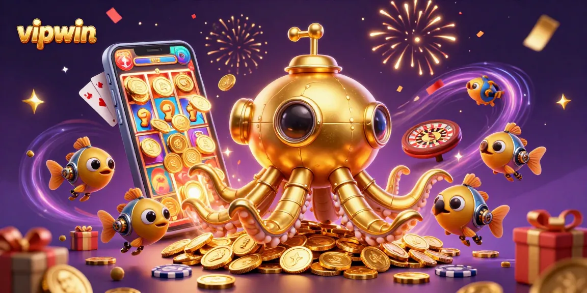 Engage in thrilling gaming at vipwin, with captivating 3D illustrations of underwater adventure and casino action.