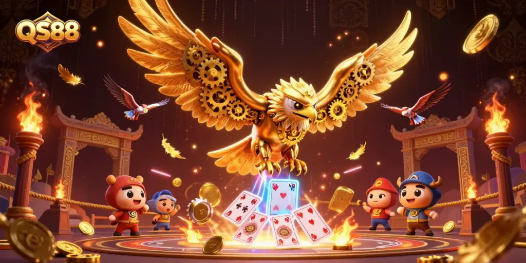 Experience the thrill of QS88 through a dynamic 3D illustration featuring a golden eagle amidst exciting gaming elements.