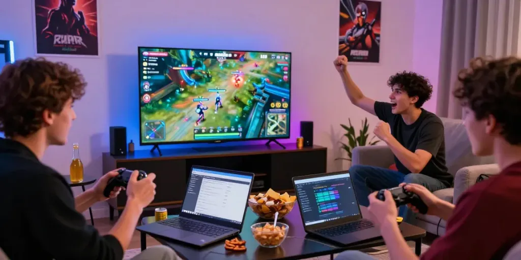 Friends enjoying a gaming night featuring the rokok88 link, displaying exciting gameplay on the TV.