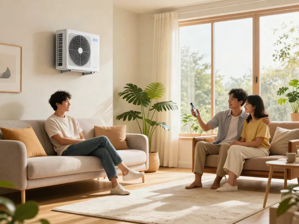 Couple enjoying cool air from a 2400 btu mini split system in a cozy living room, illuminated by soft natural light.