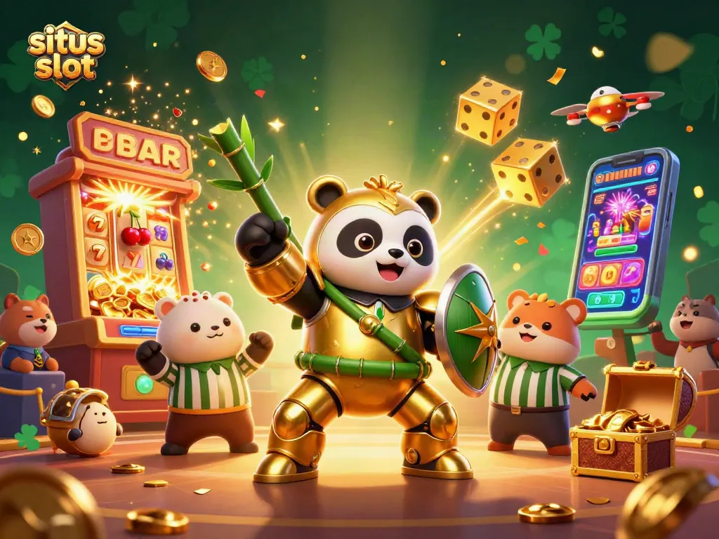 Experience thrilling action at situs slot with a mech-suit panda and vibrant casino elements.