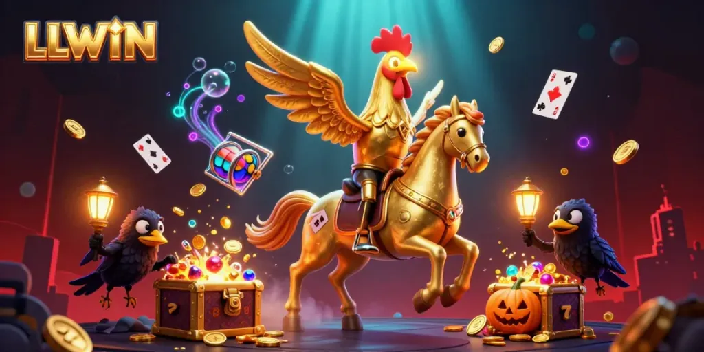 LLWIN carnival scene featuring a golden rooster rider and floating slot elements, vibrant casino atmosphere.