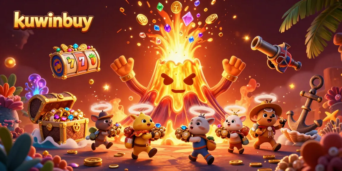 Experience the thrill of kuwinbuy with a golden volcano erupting treasures in a vibrant casino scene.