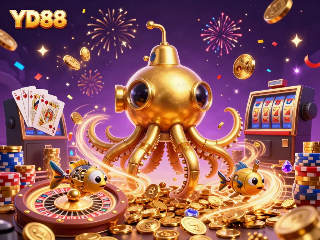 Experience thrilling moments at YD88, a vibrant casino scene bursting with gold coins and lively game elements.