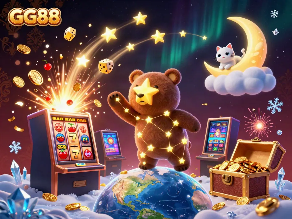 Experience the thrill of GG88 with vibrant casino action and lucky symbols soaring in a magical casino landscape.