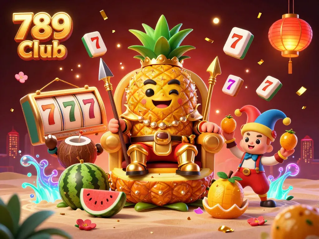 Engage in thrilling gameplay at 789 Club with vibrant slot reels and fun characters amid a beach casino.