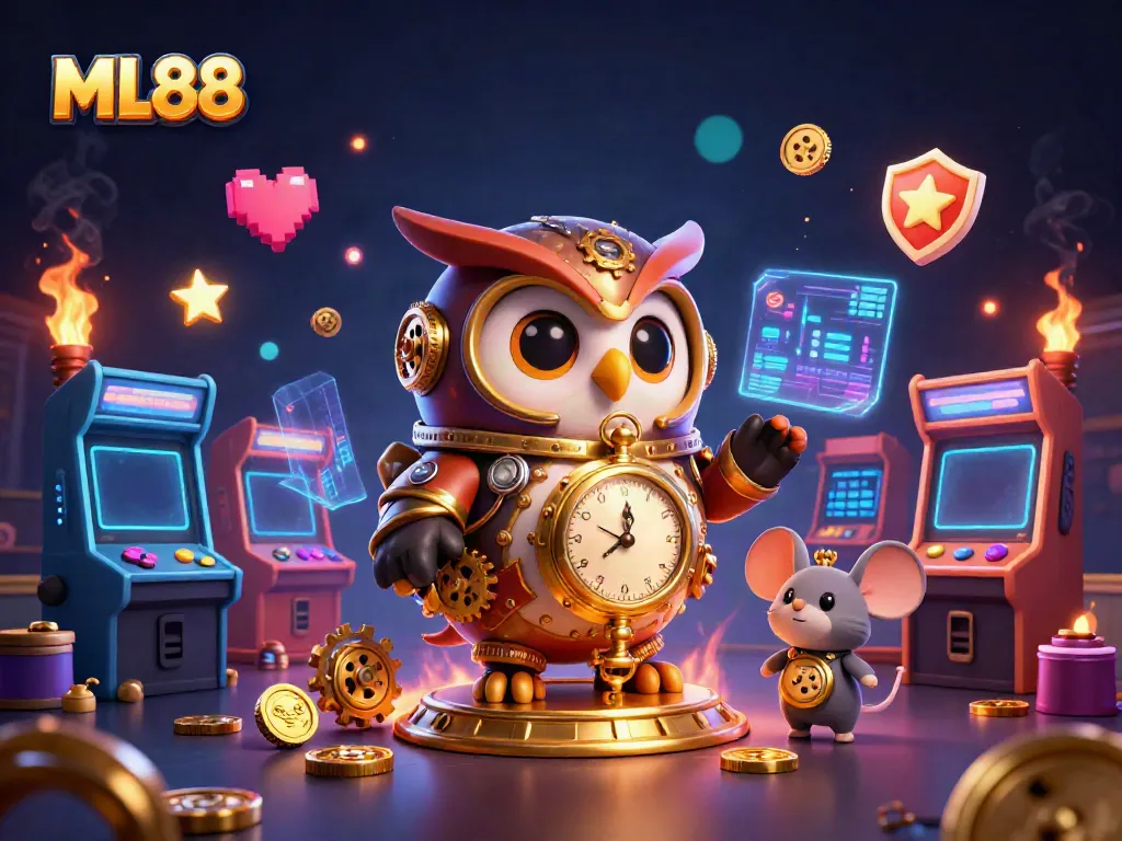 Experience thrilling gaming action with ML88, featuring a vibrant steampunk owl amidst casino-themed excitement.