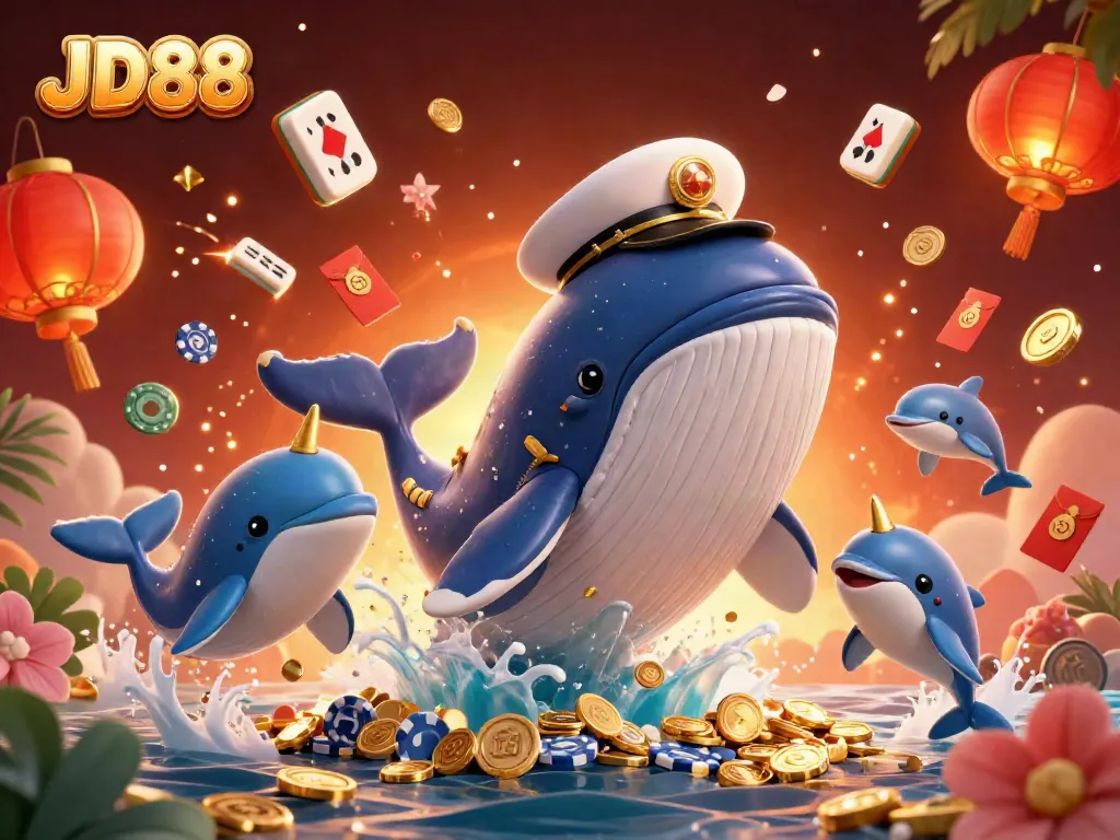 Experience thrilling play with JD88 as a cartoon whale, narwhal, and dolphins celebrate amidst floating casino treasures.