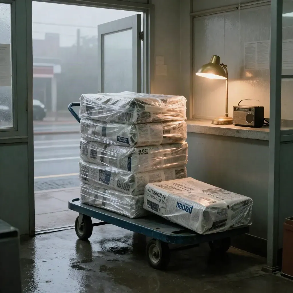 Pre-dawn newsroom delivery bay with paper bundles rolling into a wet doorway