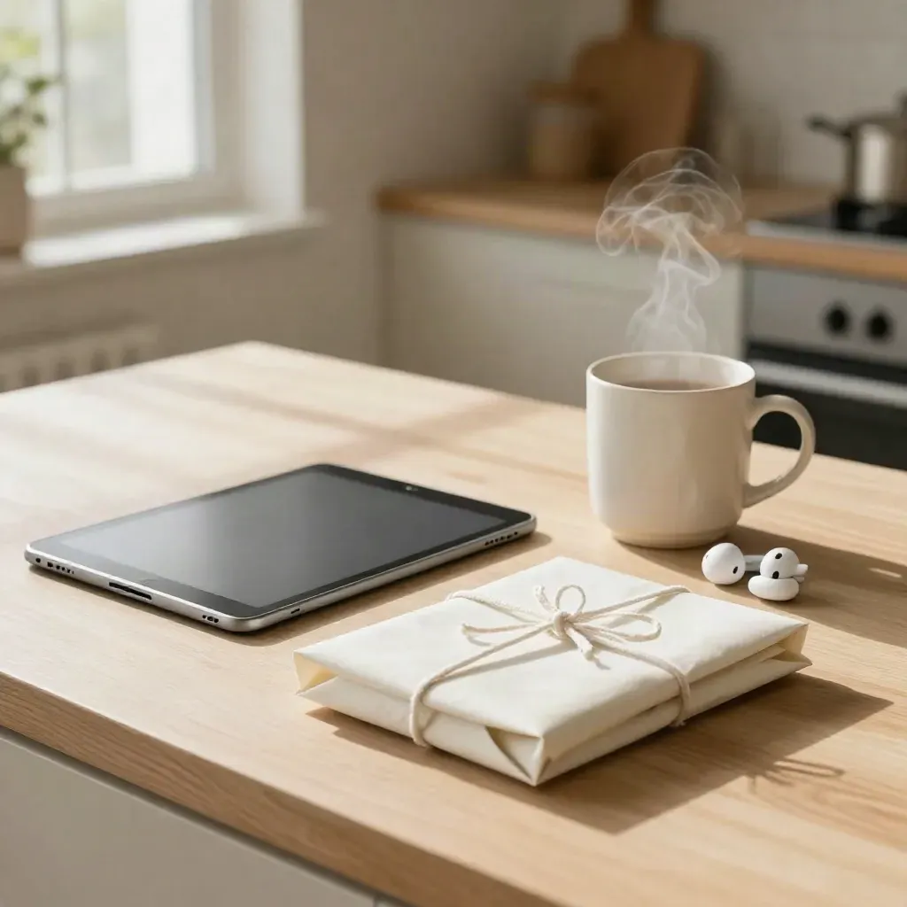 Tablet, mug, earbuds, and paper bundles on a sunlit kitchen counter with steam rising.