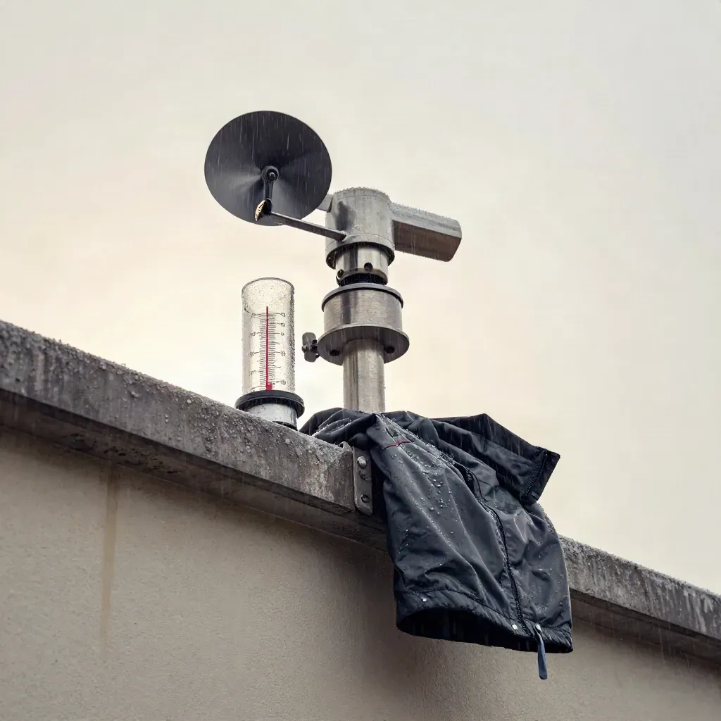 Rooftop weather station in drizzle with a spinning anemometer, rain gauge, and folded rain jacket.