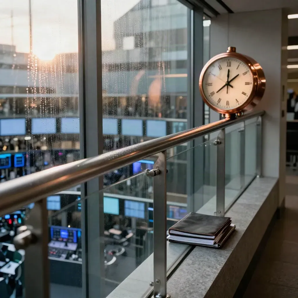 Glass balcony over a blurred market floor, with steel rail, copper clock and notebooks.