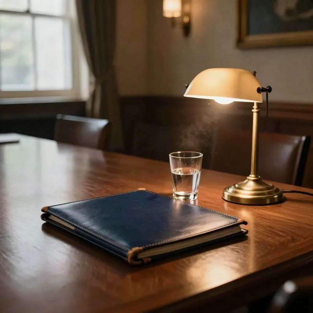Empty committee room with a leather folder, water glass, and lamp in warm evening light.