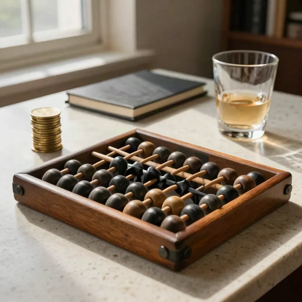 Polished abacus, coin stack, closed notebook, and smoked tumbler on a travertine finance desk.