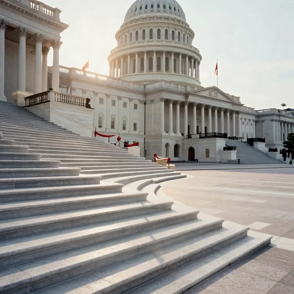 Sunlit Capitol steps with red rope barriers, flags and a bench in midday heat shimmer.