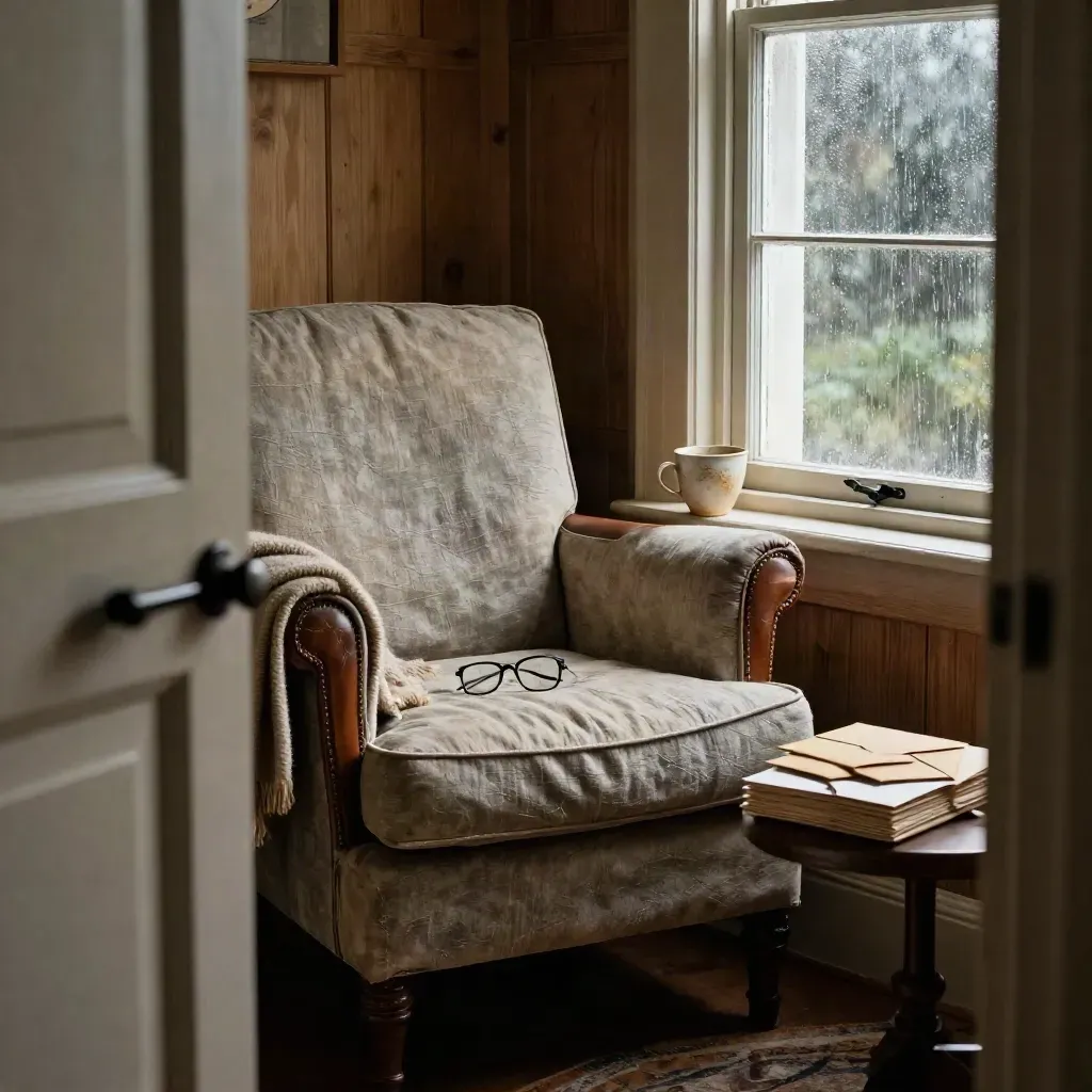 Rain-lit reading nook with armchair, throw, glasses, cup, and photo envelopes by a window.