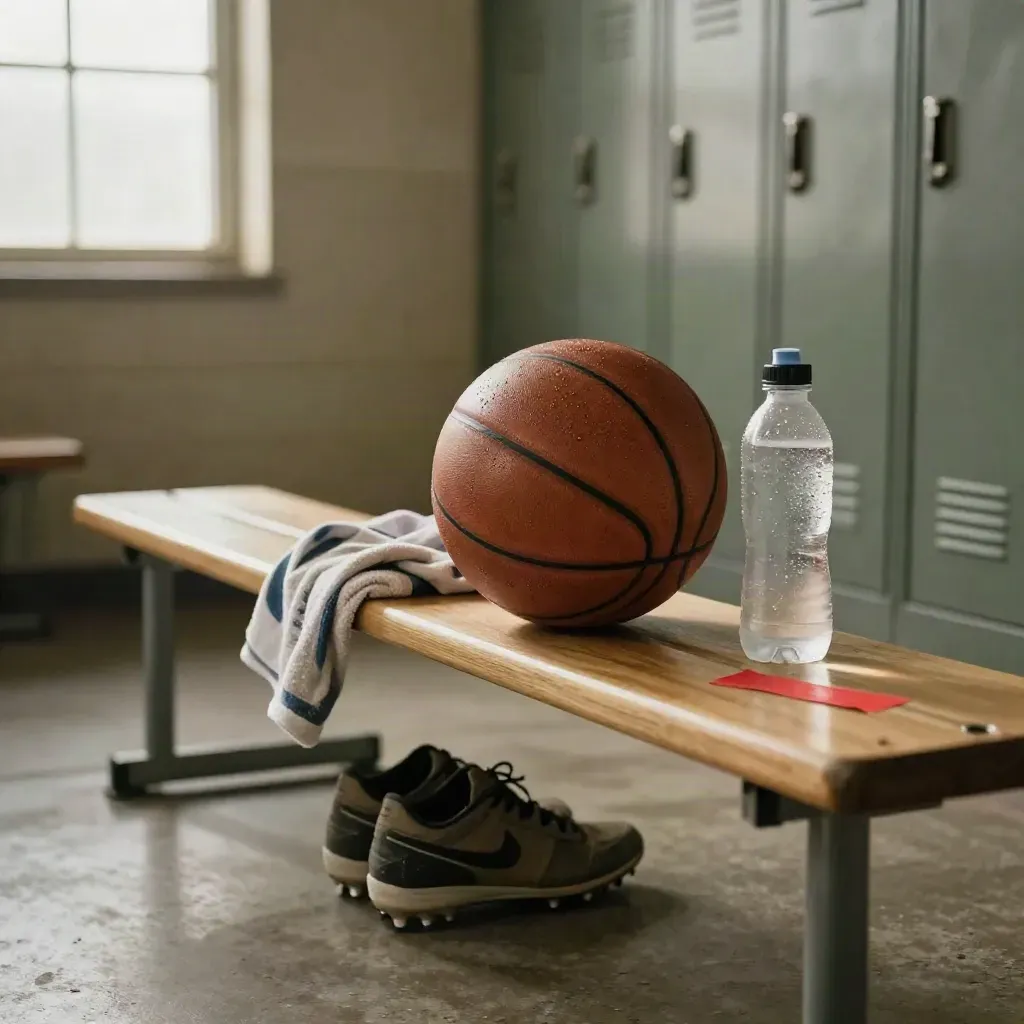 Locker-room bench with basketball, towel, cleats, and water bottle after warmup