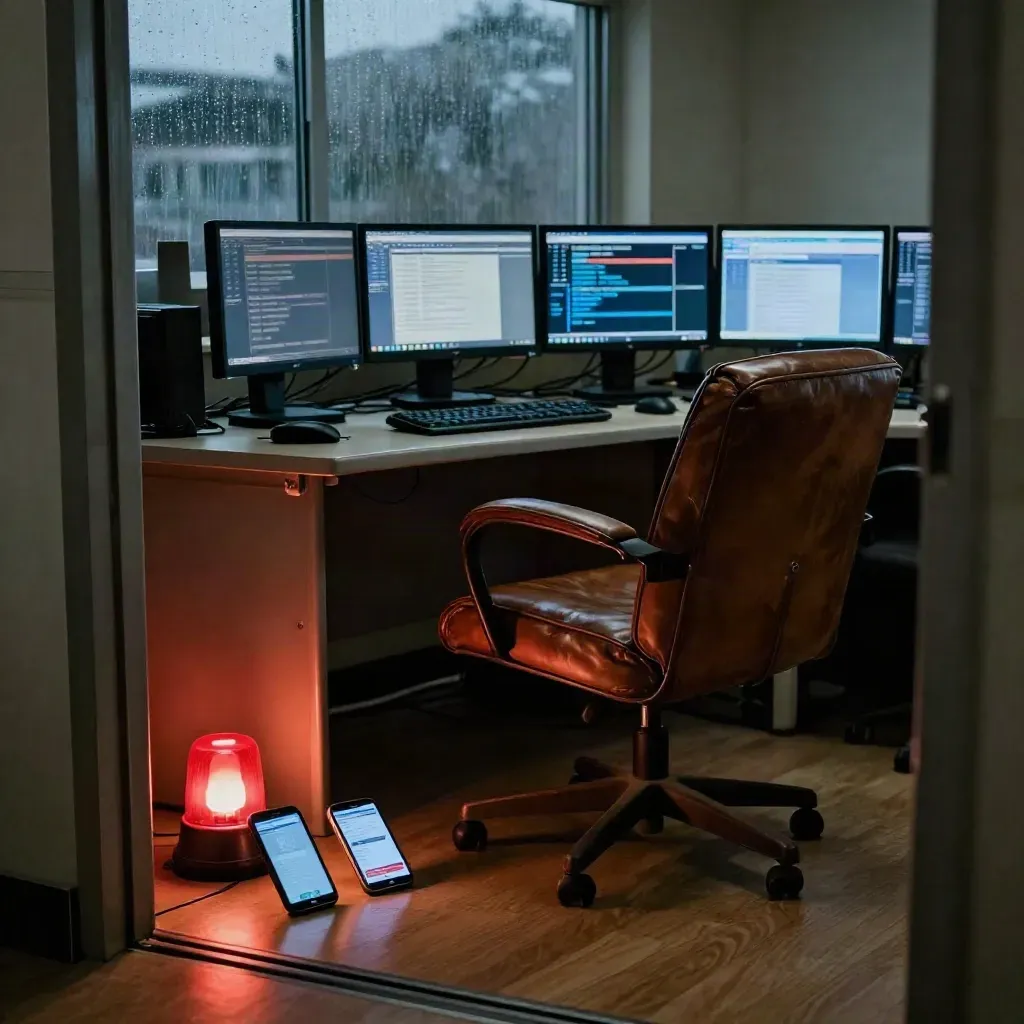Overnight newsroom corner with glowing phones, red alert lamp, blurred monitors, and a leather chair