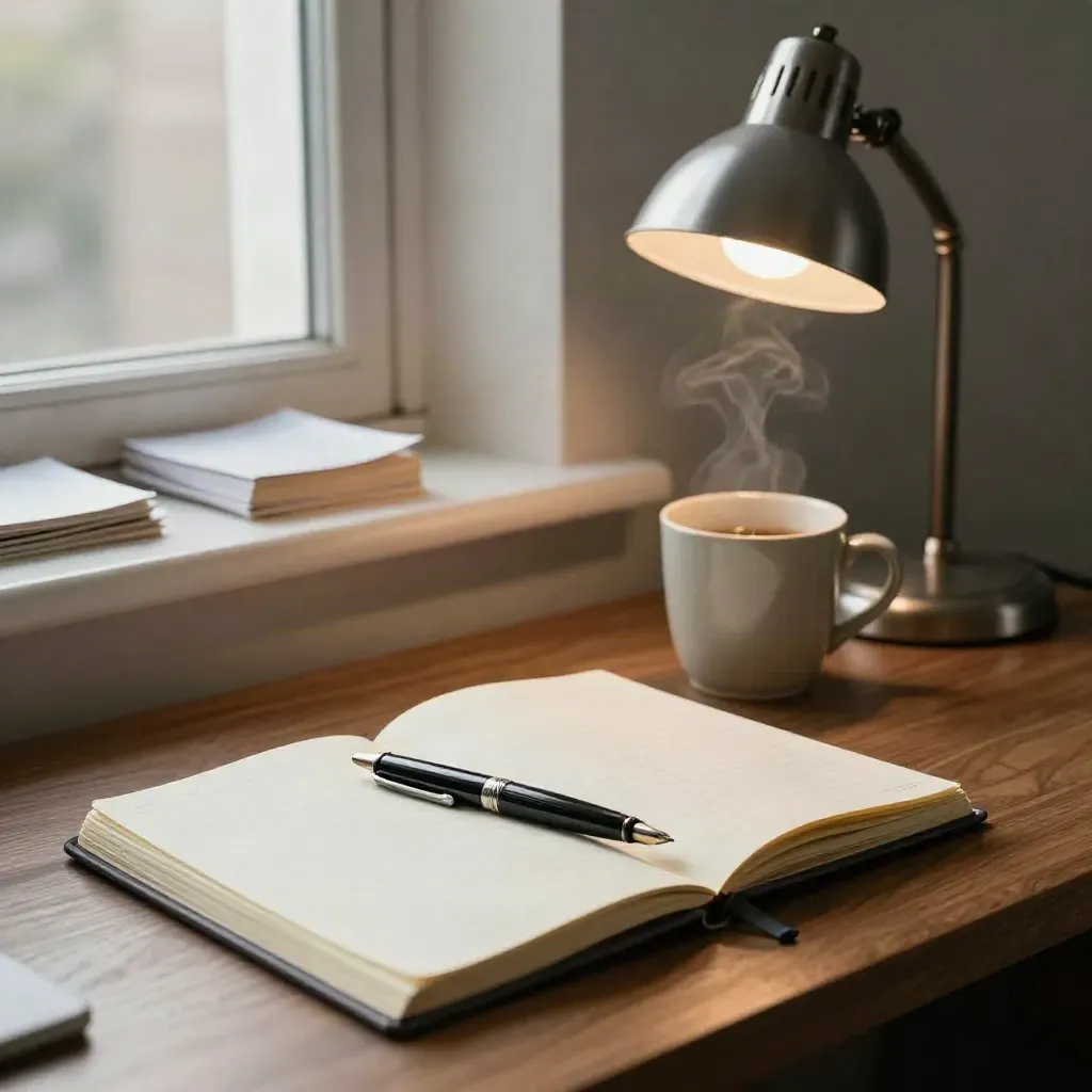 Window-side opinion desk with notebook, pen, steaming cup and lamp in cool afternoon light