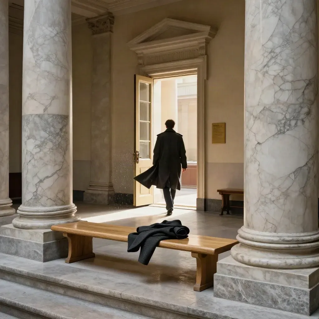 Marble statehouse corridor with a folded coat, bench, and bright committee doorway in rain light.