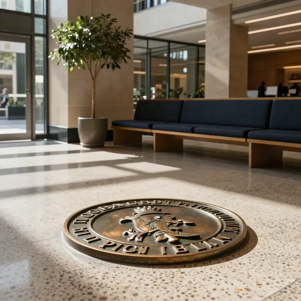 Bronze civic seal in a bright municipal lobby with terrazzo floors, potted tree, and navy bench seating.