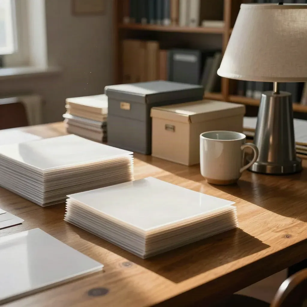 Oak research table with photo sleeves, lamp, cup, and archival boxes in warm dusty light