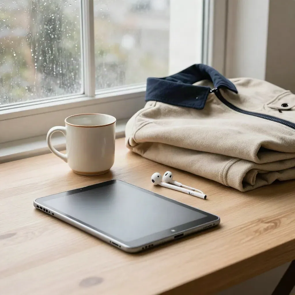 Closed tablet, mug, earbuds, and folded jacket on a bright morning table by rain-washed window.