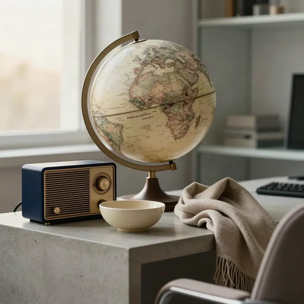 Compact globe, radio, ceramic bowl and folded scarf on a newsroom side table.