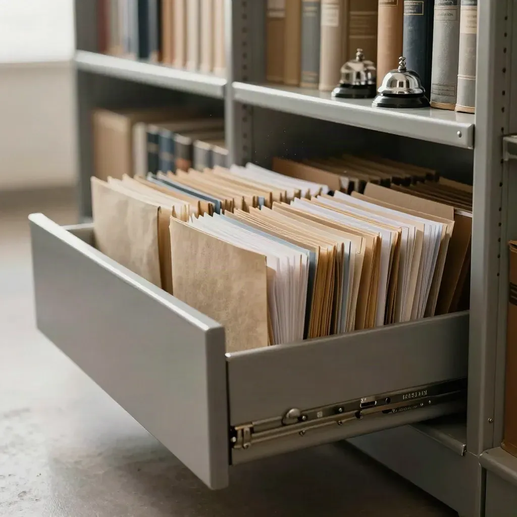 Archive drawers and folders in a quiet storage aisle with dust in the light