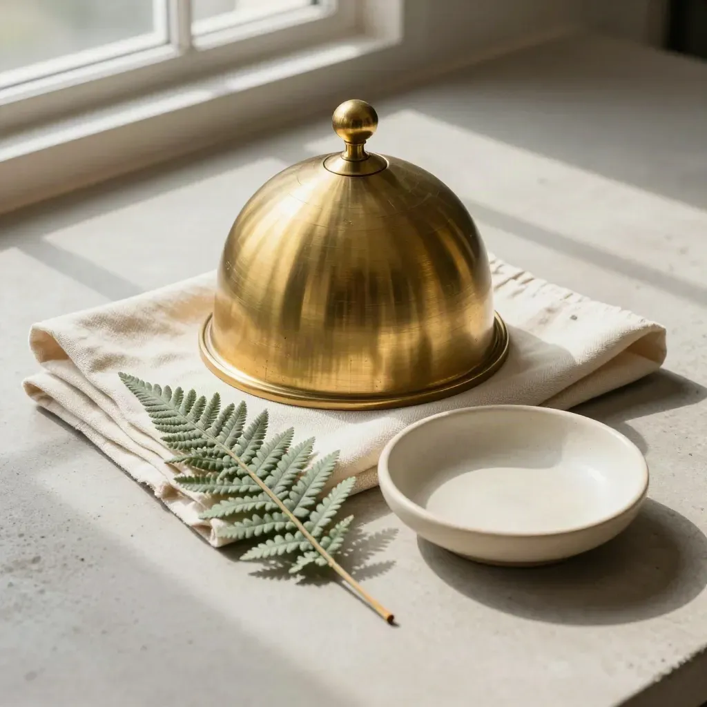 Brass Capitol dome paperweight, ivory cloth, fern sprig, and ceramic dish on pale concrete.