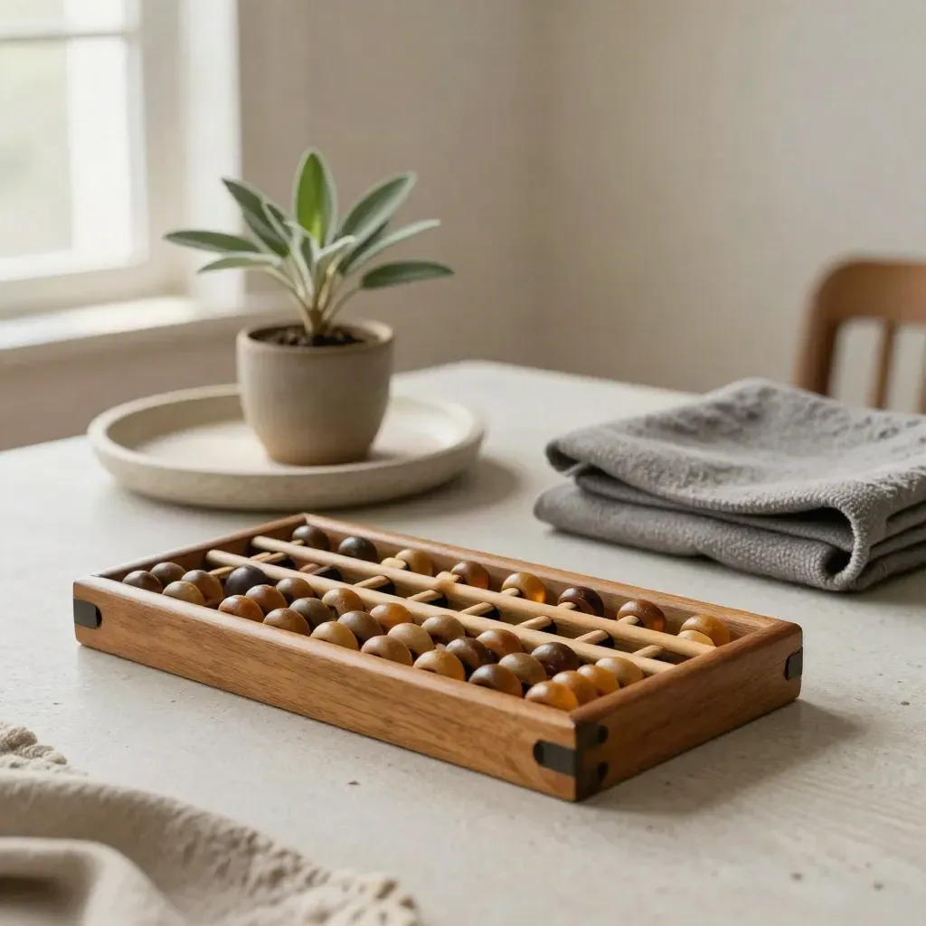 Polished wooden abacus with stone tray, plant and wool cloth on a pale desk in soft window light.