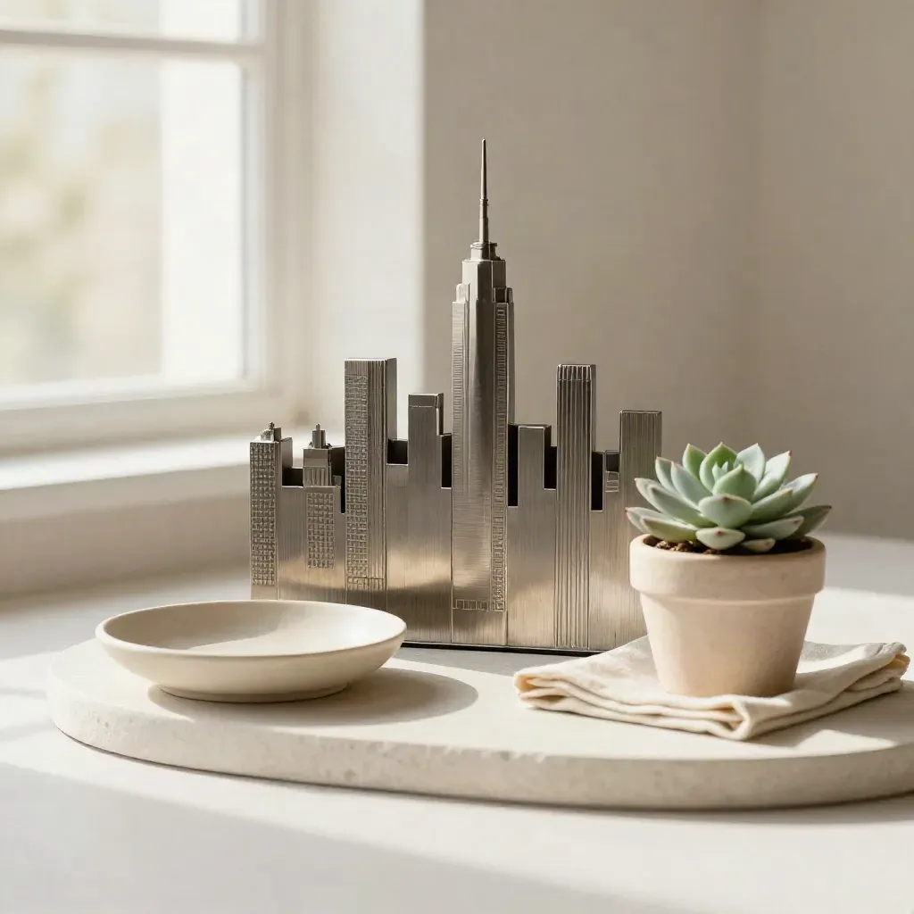 Brushed-metal skyline sculpture with dish, linen, and succulent on a pale plaster sweep.